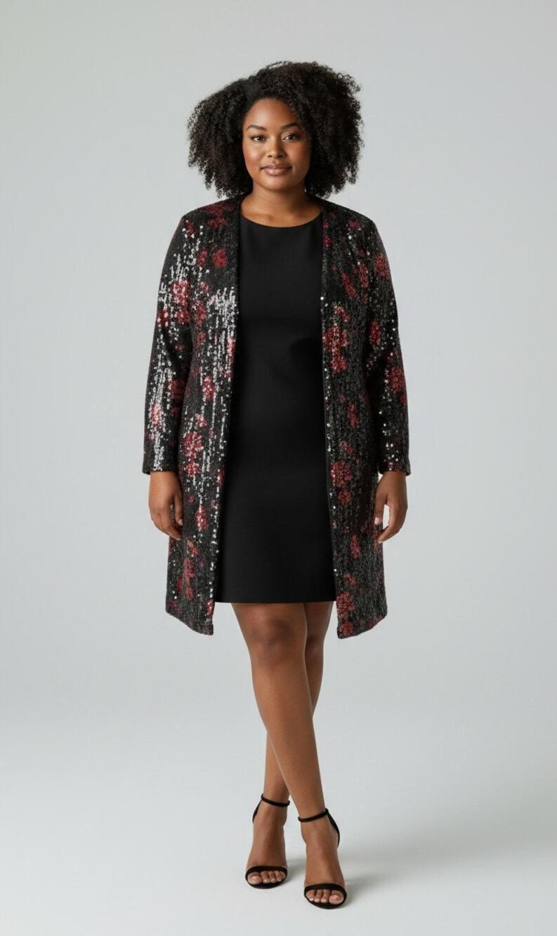 Torrid Sequin Duster 2XL Black & Red Floral Kimono  Date Night Glam Rose Print